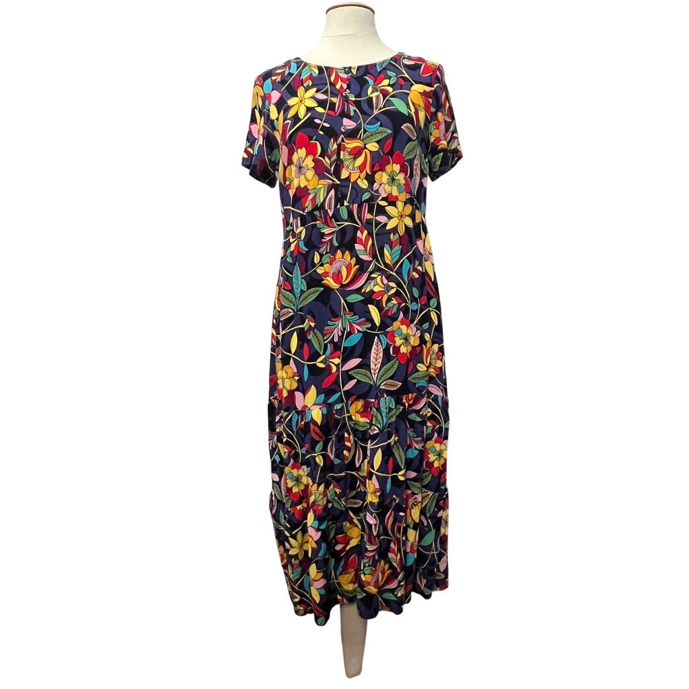 Anthony Richards Floral Tropical Midi Dress Rayon Tiered L Hippie Boho Flowy Vtg